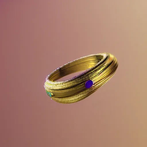 Image similar to mystical gold and diamond thin curly female ring with fine purple and green details, ultra detailed, centered, octane render, elegant, caustics