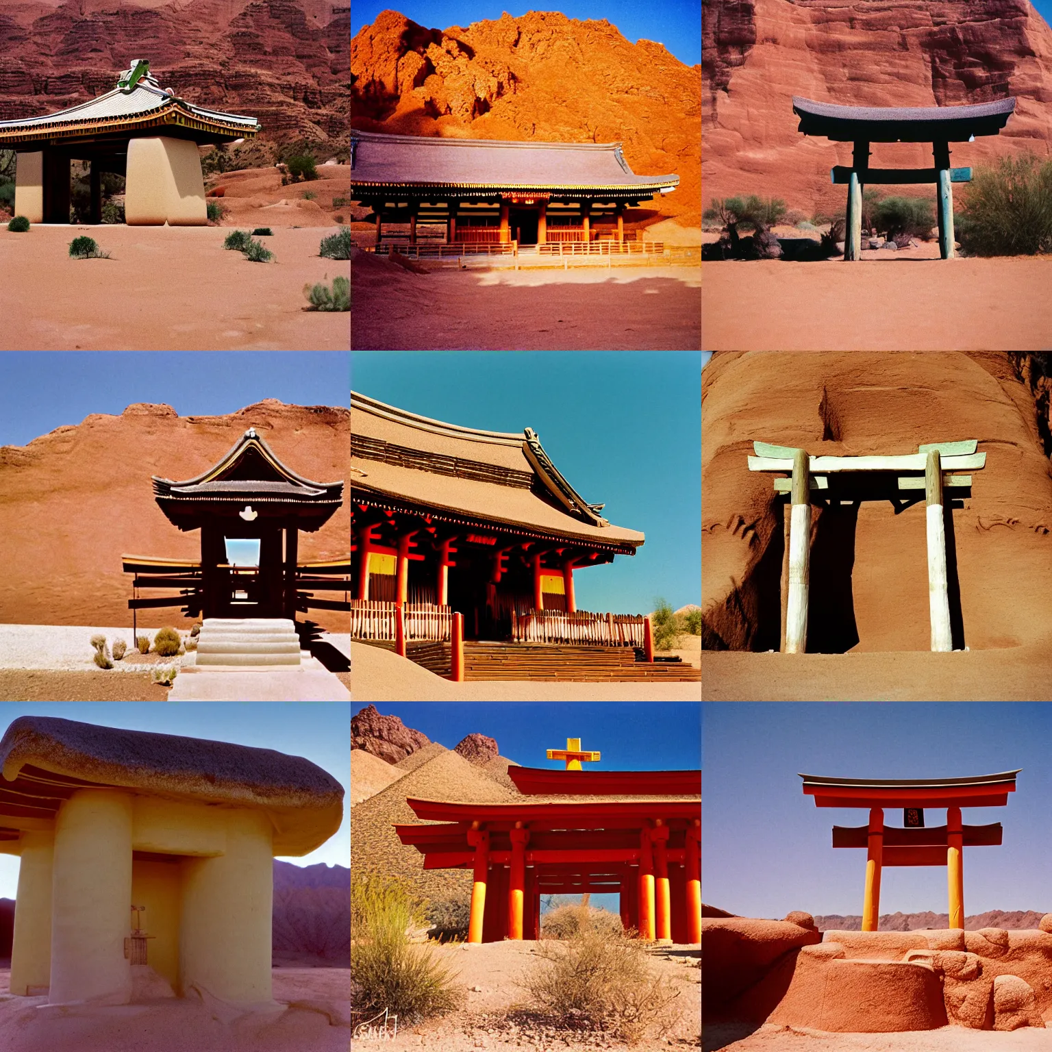 Prompt: a very large shinto shrine made of adobe clay stucco in the desert southwest, late morning, kodak gold 200, 200mm lens, full color, film grain, perspective correction, heat waves