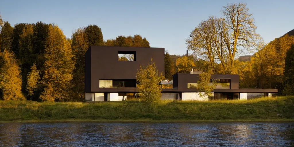 Image similar to a house by the river rhein close to mumpf designed by peter zumthor, beautiful ambient light, golden hour