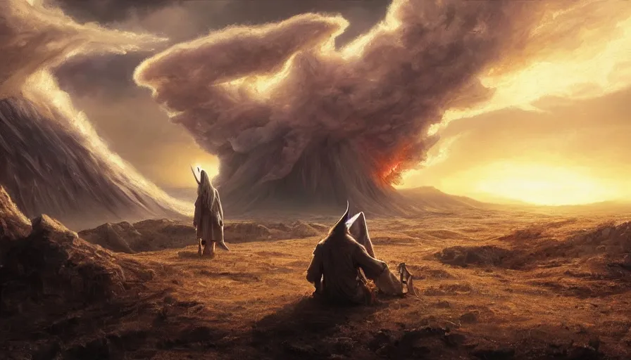 Prompt: a beautiful painting of gandalf watching a nuclear explosion on an alien world, ray traced lighting by jean kalin popov and greg rutkowski