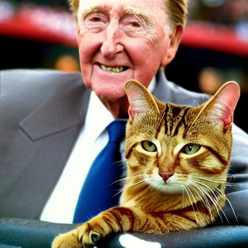 Prompt: vin scully as a tabby cat, 1 9 7 9