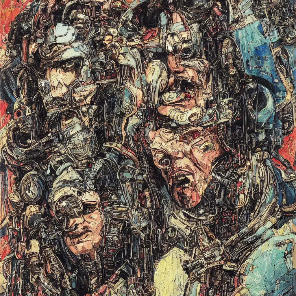 Image similar to A dramatic full-color cyberpunk art nouveau styled bust portrait of philthy animal taylor as a futuristic space punk rebel drum soldier, hyperdetailed artwork by Travis Charest, Chris Achilleos, Walt Simonson and Bill Sienkiewicz, wild power, crazy fun, rebelliousness, confident laughing eyes, tarnished and rusted metal, blade runner architecture, perfectly symmetrical facial features, 8k, deeply hyperdetailed, moody cinematic lighting, realistic mechanical details, 8k, UHD, HDR