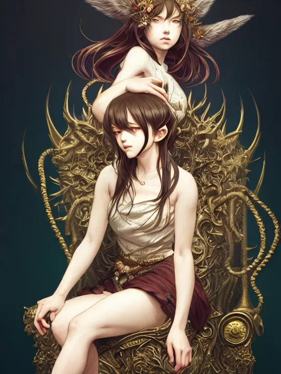 Prompt: full body picture of a girl with wolf ear sitting on the throne, bored, beautiful and aesthetic, intricate, unreal engine, messy hair, highly detailed, detailed face, smooth, sharp focus, chiaroscuro, manga illustration, artgerm, greg rutkowski, ilya kuvshinov, rossdraws, alphonse mucha, young adult light novel cover art