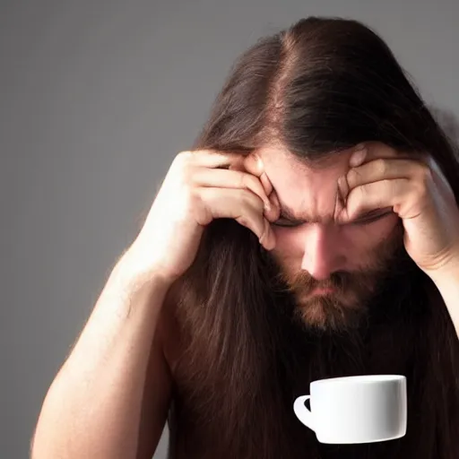 Image similar to man with long dark hair drunk with coffee who is sad because others are not boys