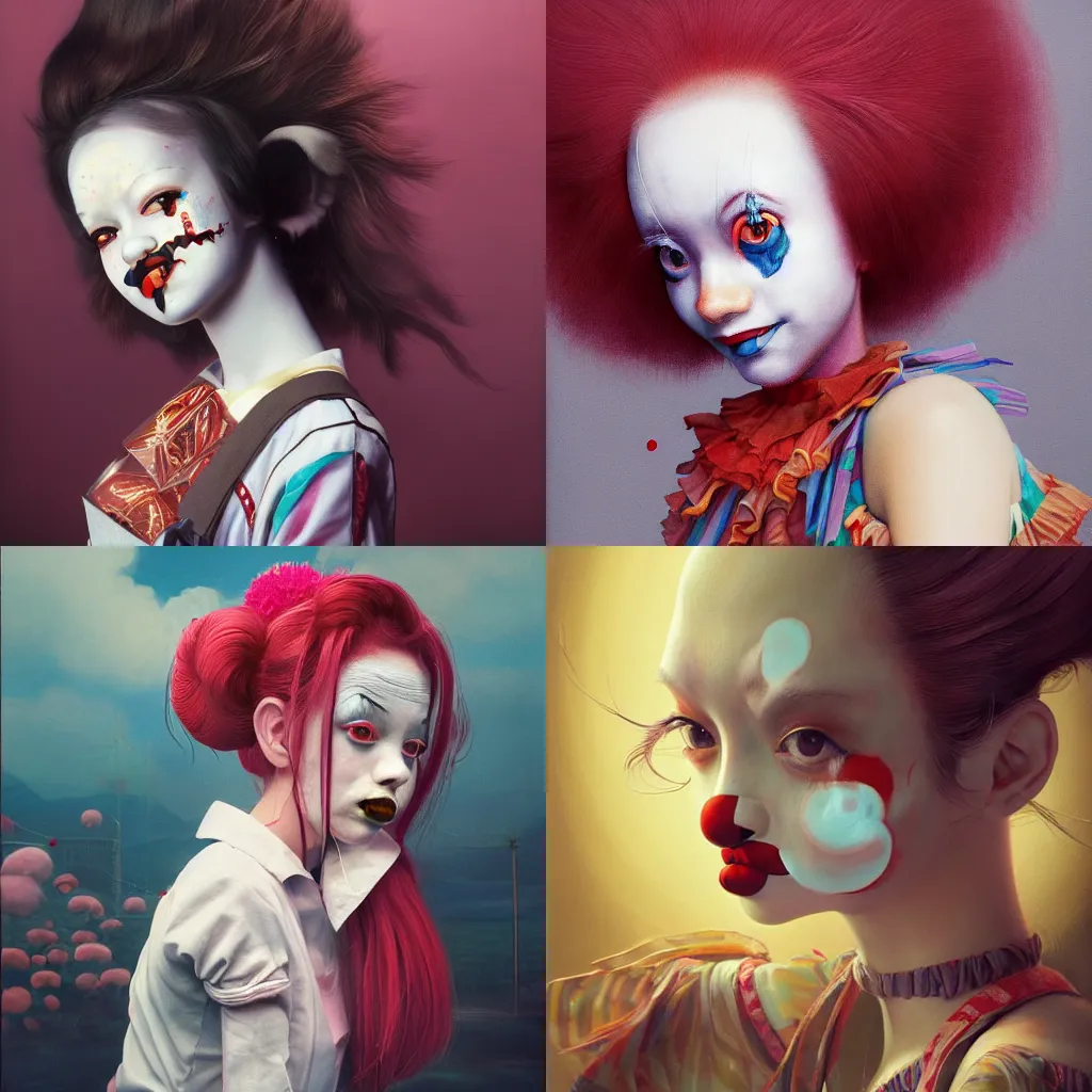Prompt: breathtaking detailed painting of clown girl, with anxious, piercing eyes, atari game cover art by hsiao - ron cheng, james jean, miho hirano, hayao miyazaki, extremely moody lighting, hyperrealistic, octane render, rpg portrait, ambient light, dynamic lighting