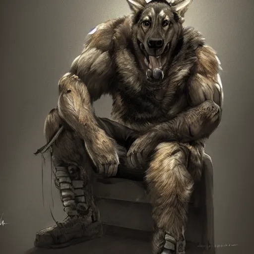 Image similar to a wounded humanoid german shepherd beast - man in military style, sitting on the carpeted floor beside a bed, highly detailed portrait, digital painting, artstation, concept art, smooth, sharp foccus ilustration, artstation