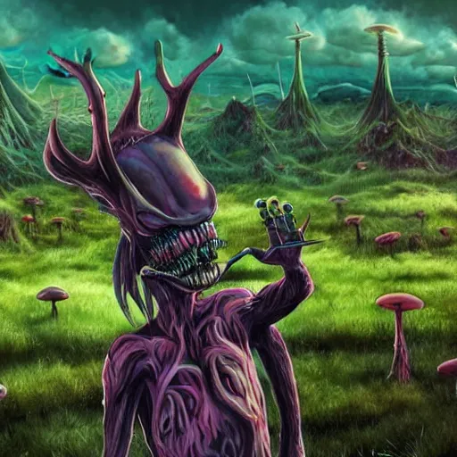 Image similar to a centered chest up portrait of a psychedelic demonic anthropomorphic wendigo smoking a hand - rolled cigarette smoking heavily, magic mushroom village in background. award winning. superb resolution. in the art style of junji ito and greg rutkowski. detailed mushroom city in background. hyper realistic anime. perfect art. dalle 2