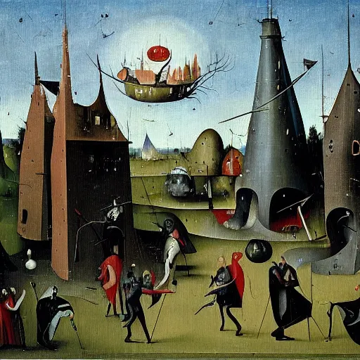 Prompt: oil painting by hieronymous bosch of the damned playing at a miniature golf course.
