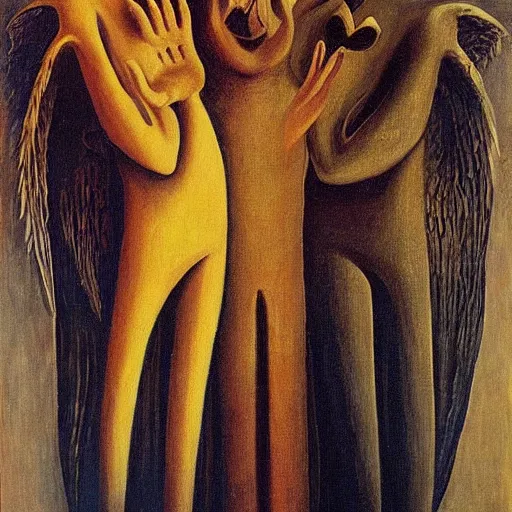 Image similar to a new, original piece by remedios varo, oil on canvas, surreal characters, angels