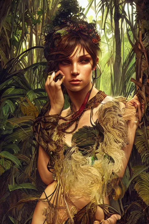 Prompt: ultra realistic illustration, bohemian animal in jungle, staring directly into camera, intricate, elegant, highly detailed, digital painting, artstation, concept art, smooth, sharp focus, illustration, art by artgerm and greg rutkowski and alphonse mucha