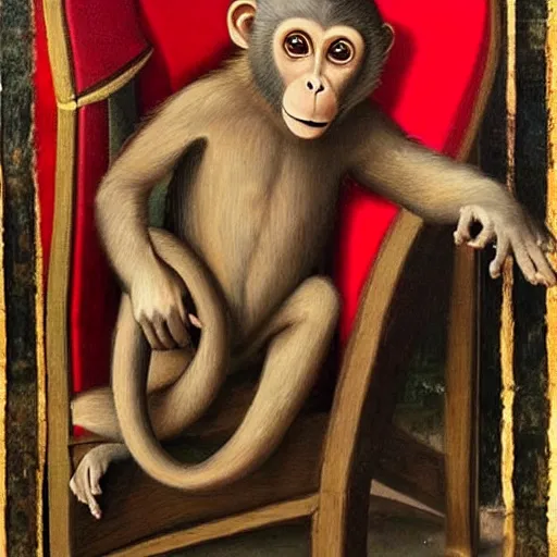 Prompt: renaissance painting of a monkey wearing a suit sitting in a red chair, smoke, dramatic