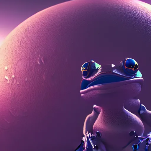 Image similar to a cyberpunk frog in an unknown planet, octane render, hyperrealistic, 3D