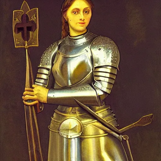 Prompt: joan of arc, hyperrealistic, medieval, high quality, highly detailed, female knight, romanticism, circa 1 9 0 1