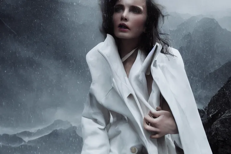 Image similar to a cinematic bust!!!!!! portrait of a beautiful model woman!!!!!! wearing long white futuristic coat, on the top of a mountain, large diffused light, neon light, 4 k, ultra realistic, dramatic lighting, rain, clouds, fog, vogue, fashion, glamour, magazine spread, by marco mazzoni and jessica rossier