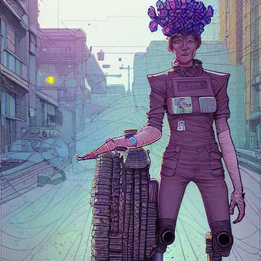 Image similar to A solarpunk farmer cyborg on the street of a solarpunk city art by Josan Gonzalez, sci-fi, highly detailed, digital painting, artstation, smooth, sharp focus, illustration, concept art by Josan Gonzalez and James Gurney and Mœbius