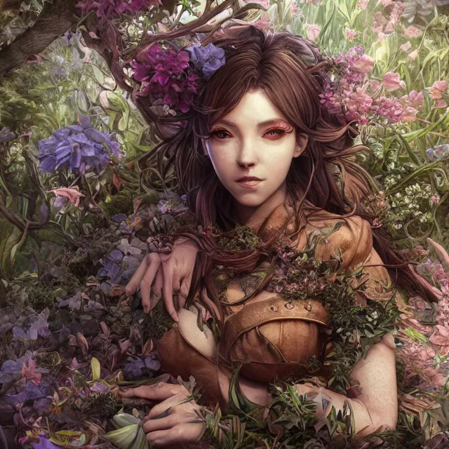 Image similar to the portrait of chaotic good female druid botanist as absurdly beautiful, gorgeous, elegant, young gravure idol, an ultrafine hyperdetailed illustration by kim jung gi, irakli nadar, intricate linework, sharp focus, bright colors, octopath traveler, final fantasy, unreal engine 5 highly rendered, global illumination, radiant light, detailed and intricate environment