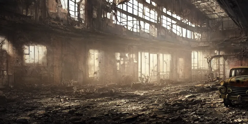 Image similar to fallout 5, indoors dilapidated partially ruined factory interior, rusted machinery, atmospheric lighting, painted, intricate, volumetric lighting, beautiful, daytime, sunny weather, slight overcast, golden hour, sharp focus, deep colours, ultra detailed, by leesha hannigan, ross tran, thierry doizon, kai carpenter, ignacio fernandez rios