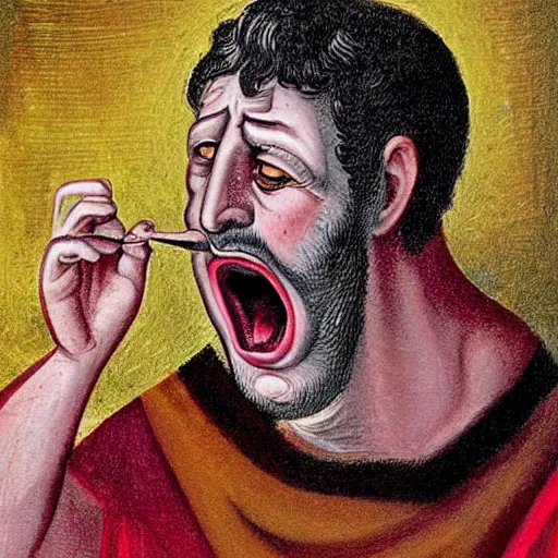 Image similar to portrait of ancient greek idiot yawning with big eyes and sharp nose. fine detail. artistic painting by lurid