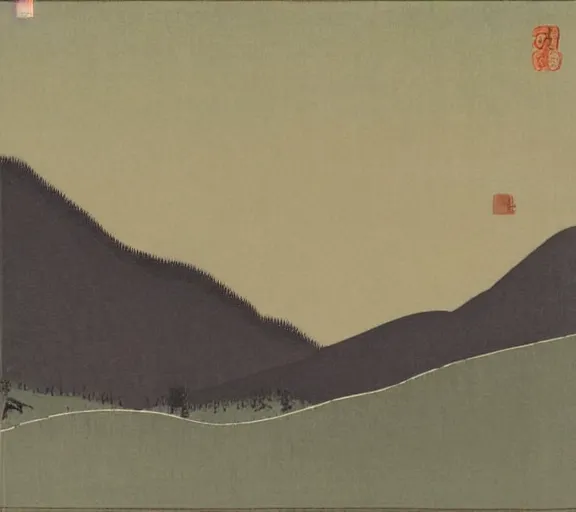 Prompt: mountains by feng zikai yun shouping