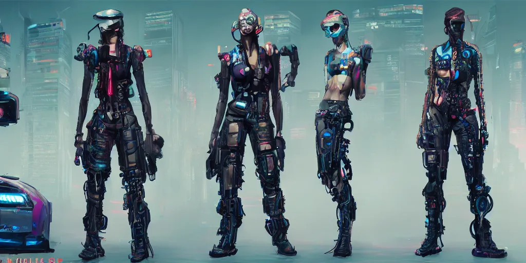 Prompt: cyberpunk character designs, trending on Artstation, 8K, ultra wide angle, pincushion lens effect