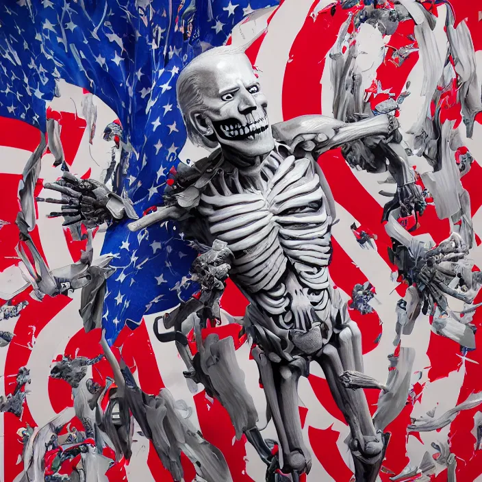 Prompt: PATRIOTIC portrait of joe biden as skeleton. burning distortions. intricate abstract. intricate artwork. by Tooth Wu, wlop, beeple, dan mumford. octane render, trending on artstation, greg rutkowski very coherent symmetrical artwork. cinematic, hyper realism, high detail, octane render, 8k, iridescent accents