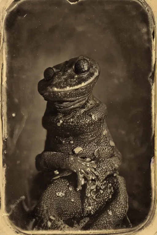 Prompt: a wet plate photo of an anthropomorphic salamander king