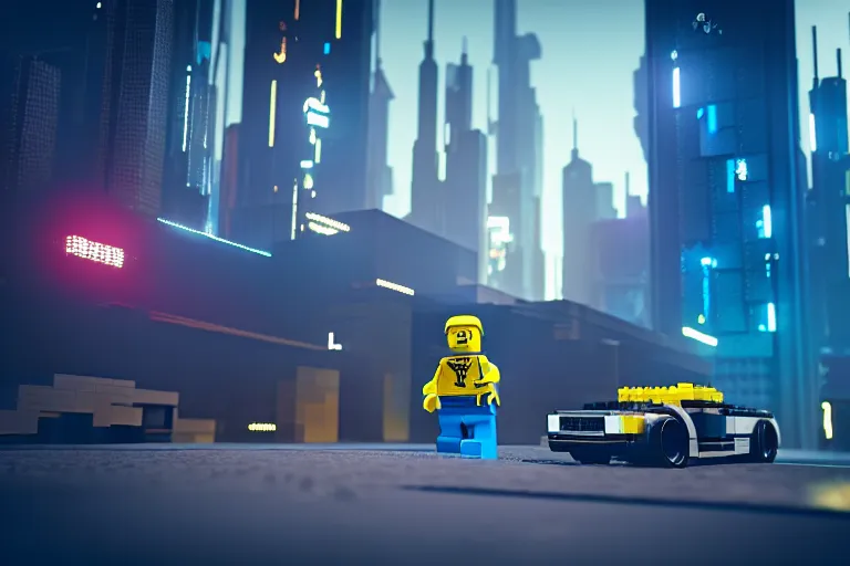 Image similar to a lego man at cyberpunk city. super realistic 8 k render of a elegant, cinematic composition