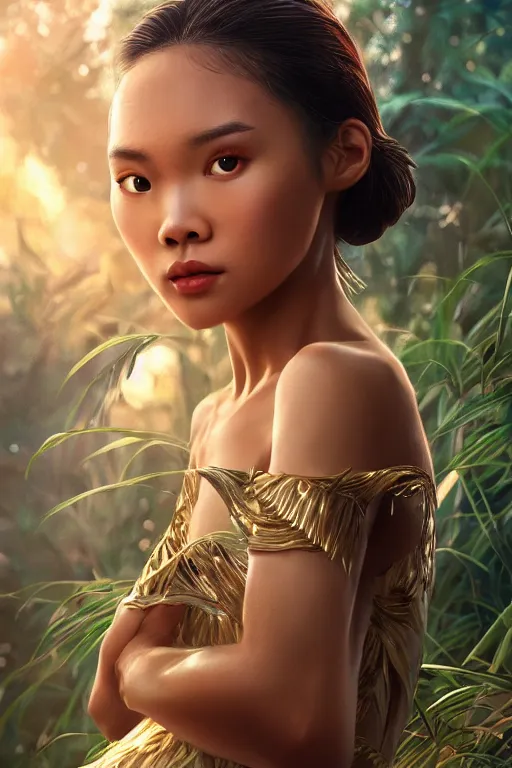 Image similar to stunningly beautiful, filipina prima ballerina in jungle, symmetrical face, golden hour, smooth, focus, highly detailed, hyper realistic, dramatic lighting, elegant, intricate, concept art, low angle, art by wlop, mars ravelo, greg rutowski, artstation