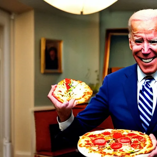 Image similar to joe biden holding a pizza like a newborn baby, award winning candid photography