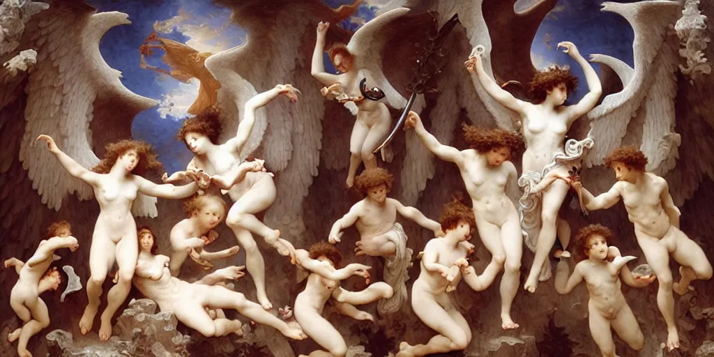 Prompt: 3 d rendered scene of the battle of angels and demons at the entrance to the fractal palace of cosmos painting by bouguereau made in unreal engine hyper realistic, beautiful face, symmetrical face, good and evil, scrollwork, silver leaf, magical, detailed intricate, heraldic design, atmosphere, beautiful, realistic, detailed