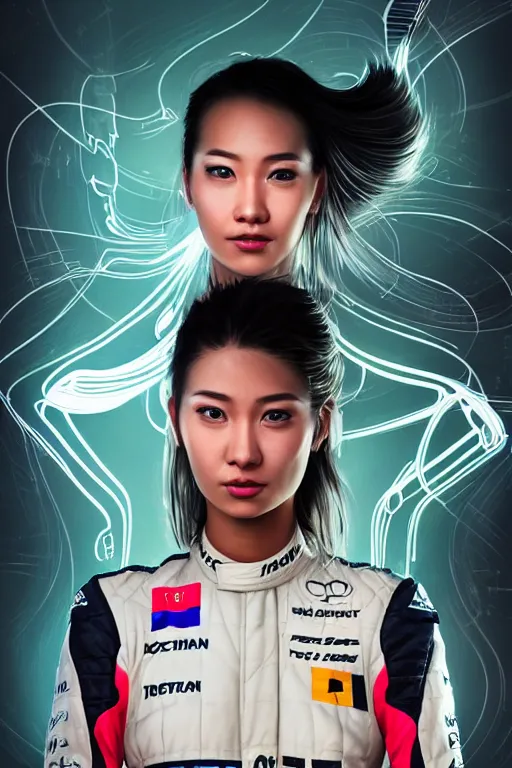 Image similar to portrait beautiful asian female formula one racer, wearing formula one racer uniform, at formula one racing car repair room, ssci-fi, fantasy, intricate, very very beautiful, elegant, human anatomy, neon light, highly detailed, digital painting, artstation, concept art, soft light, smooth, sharp focus, illustration, art by Brook Shaden and tian zi and alphonse mucha