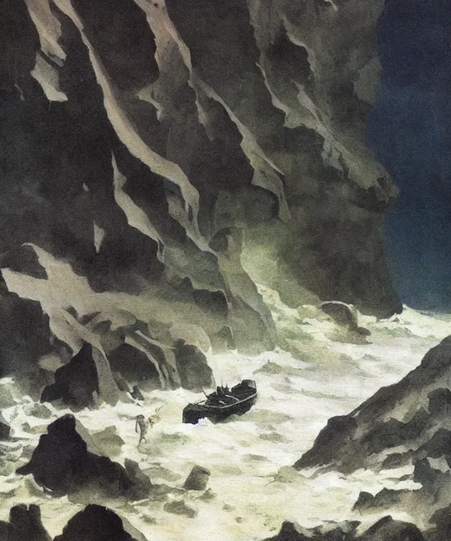 Image similar to photorealistic mixed - media painting of a 1 9 2 5 seiner sailing near a short tropical cliff with the mouth of a sea cave at the waterline, dark, brooding, atmospheric, lovecraft, horror, smooth, epic, highly detailed, cinematic, by frank frazetta