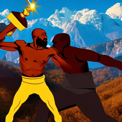 Prompt: black person with golden mace in hands fighting lenin in mountains, photorealistic