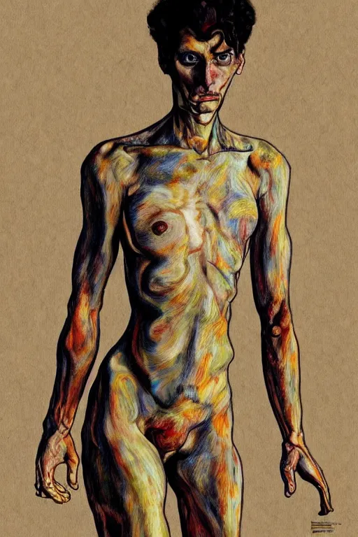 Image similar to a full body character in style of egon schiele and heracut, masterpiece, hyperdetailed, complex, intricate, veiled, 8 k, 4 k, dynamic!!, distorted pose!!, trending on artstation,