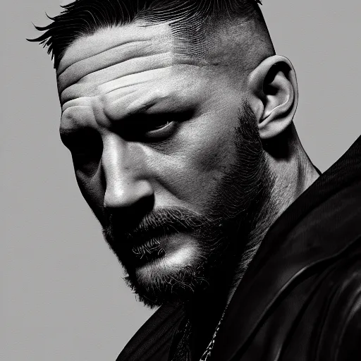 Image similar to Film still of Tom Hardy wearing black, intricate detail, 3d render, octane render, god rays, depth of field, trending on artstation, 4k, hd