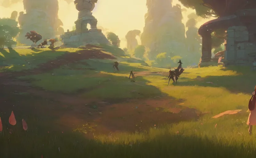 Image similar to fantasy field with the remains of ancient temples, cory loftis, james gilleard, atey ghailan, makoto shinkai, goro fujita, studio ghibli, rim light, exquisite lighting, clear focus, very coherent, plain background, soft painting