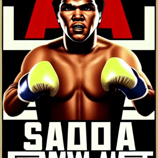 Prompt: [ muhammad ali ] shadowboxing with taped fists styled like ( gta poster art with no text ) by andreas rocha and greg manchess 8 k character portrait
