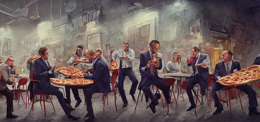 Prompt: men in suits eating a pizza, 80s style, happy, 8k, james gurney, greg rutkowski, john howe, artstation