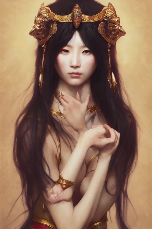 Image similar to A portrait of a female korean model as Ishtar the goddess of love, Stjepan Sejic, Ruan Jia, and Mandy Jurgens, and Artgerm, and william adolphe bouguereau, highly detailed, trending on artstation, award winning