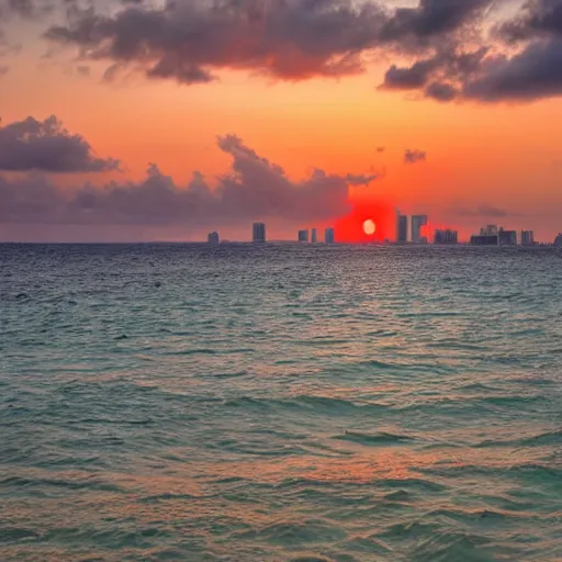 Prompt: miami beach at sunset, 4 k, high detail, high - resolution photograph, professional photography, ultra - detail