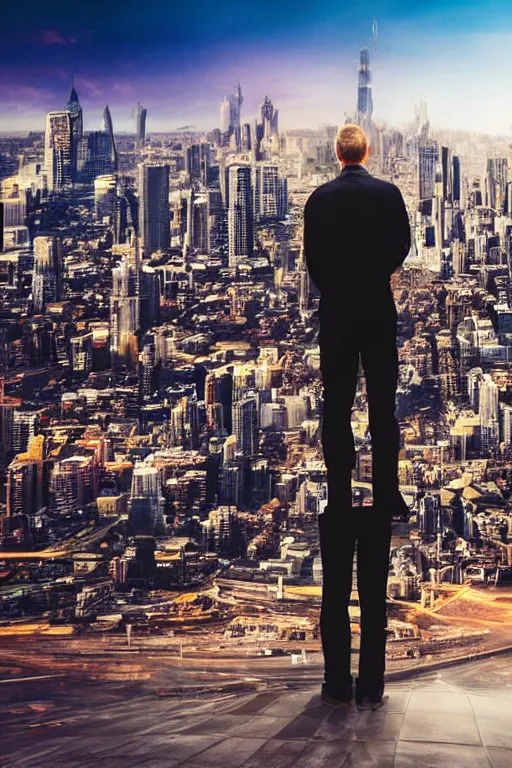 Prompt: close - up of a man standing in front of a giant city of the future