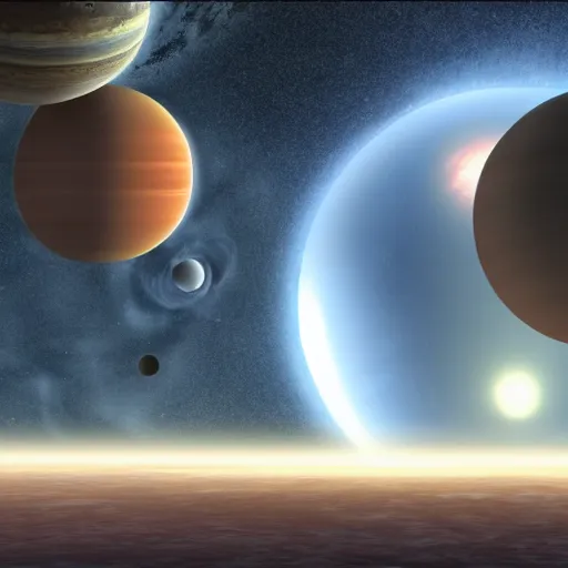 Image similar to photo of mob of planets in galactic mealstrom, vray