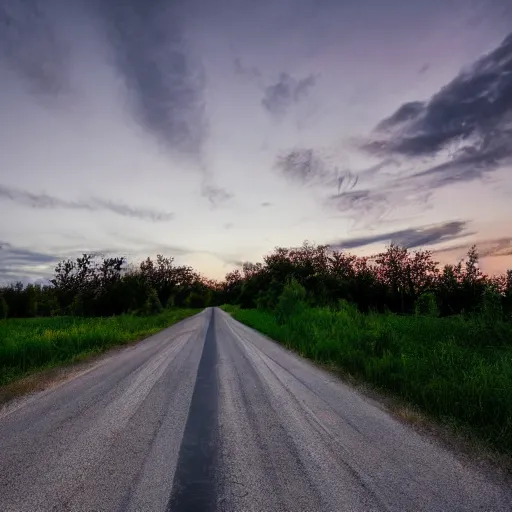 Image similar to wide angle photograph of a road cutting through an empty prairie that leading out into space, twilight, fine details