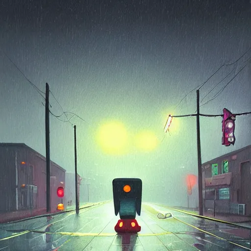 Image similar to an empty street at dusk, with a giant eldritch god emerging from the sky, rainy, wet streets, digital oil painting by simon stalenhag