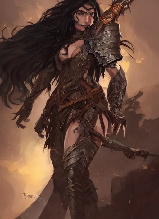 Image similar to beautiful warrior lady, black long hair, practical armor, brown skin, demonic eyes, low fantasy, extremely detailed, sharp focus, smooth, digital illustration, by rossdraws, frank franzzeta, sakimichan