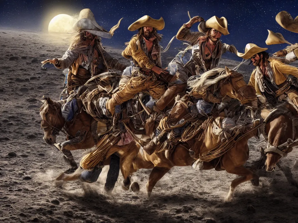 Image similar to cowboys and pirates fighting on the moon, cowboys have horses, pirates have cannons, High Definition detail, 8K, photograph