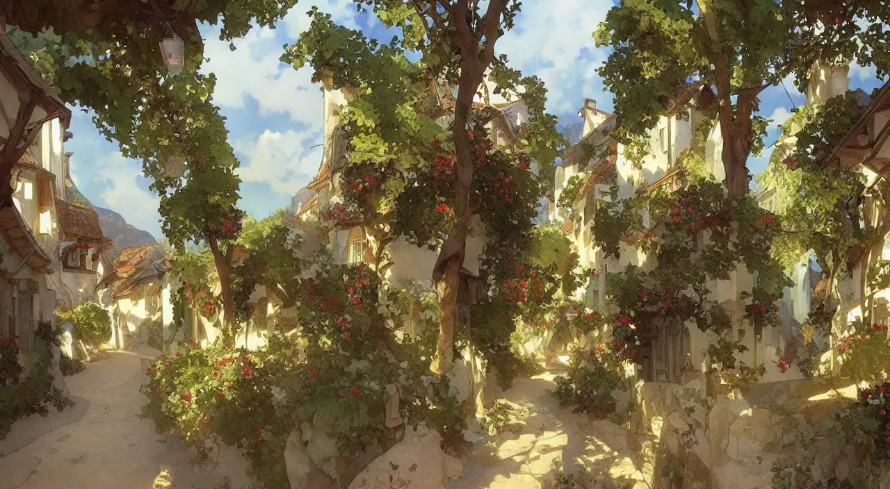 Prompt: A beautiful landscape painting of a small french village by Alfons Maria Mucha and Julie Dillon and Makoto Shinkai