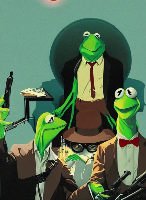 Image similar to poster artwork by Michael Whelan and Tomer Hanuka, Karol Bak of portrait of Kermit the Frog, from scene from Reservoir Dogs, clean