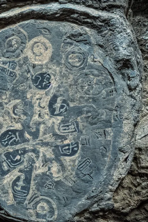 Image similar to 4 k photography of petroglyphs representing crosses, ufo, yin yang symbol on a cave