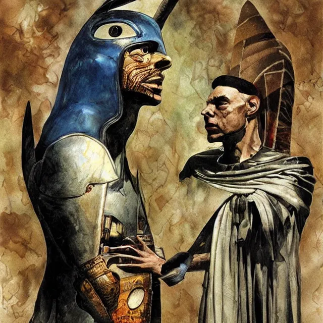 Prompt: artwork by Enki Bilal and Dave McKean showing Horus the falcon headed egyptian god